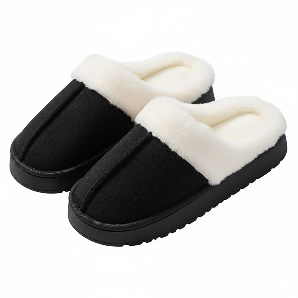 Men's Faux Fur Lined Slip-On SlippersCozy Warm Winter House Shoes~BLACK